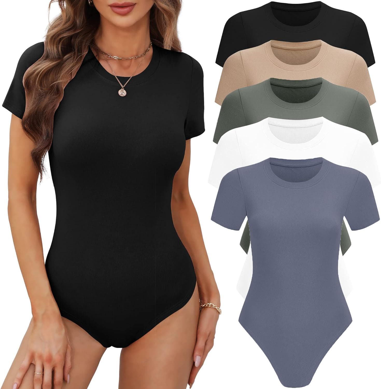 BALENNZ Women’s 4/5 Pack Short Sleeve Round Neck Bodysuit Tops Crew Neck Basic Casual Tshirt Bodysuits