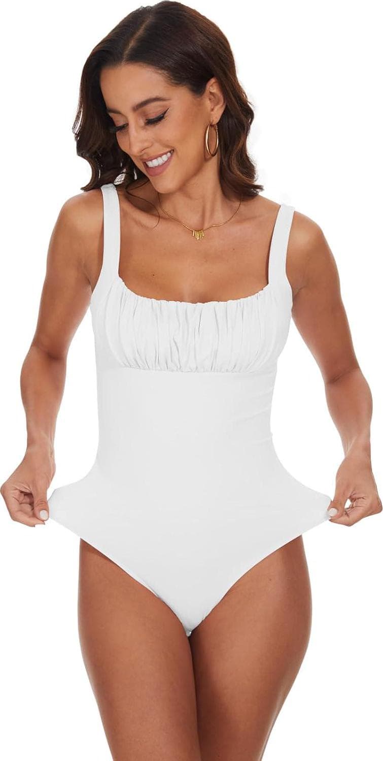 BEJONS Women’s Sexy Square Neck Ruched Bodysuit Sleeveless Double Lined Tank Tops