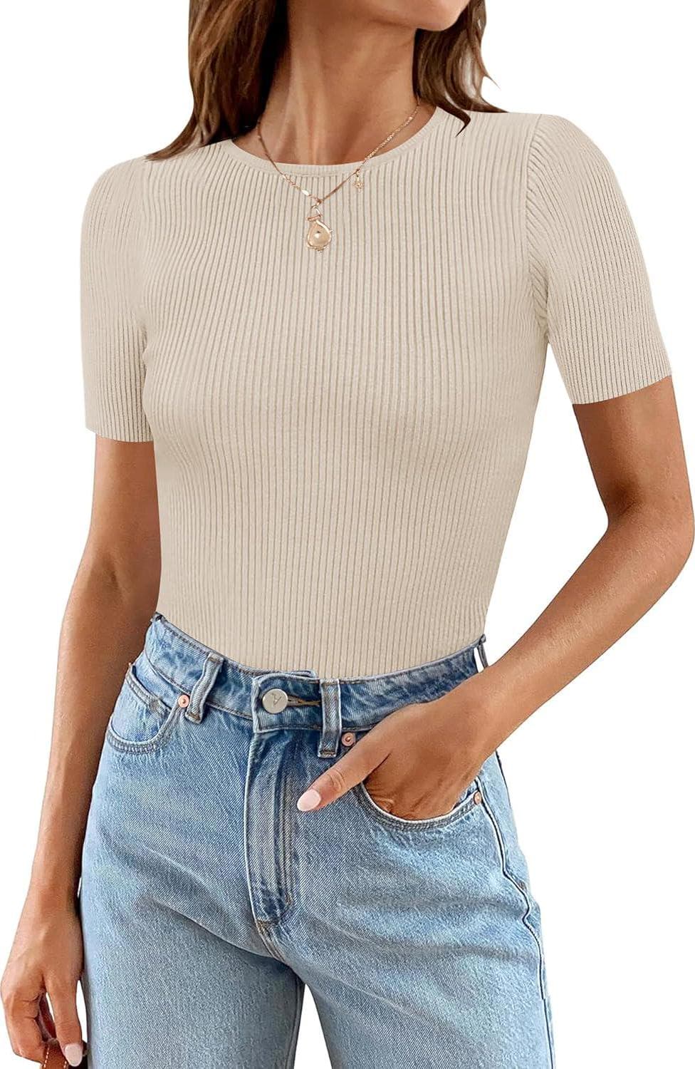 MEROKEETY Women’s Short Sleeve Ribbed Bodysuits 2024 Summer Crewneck Basic Knit Body Suit