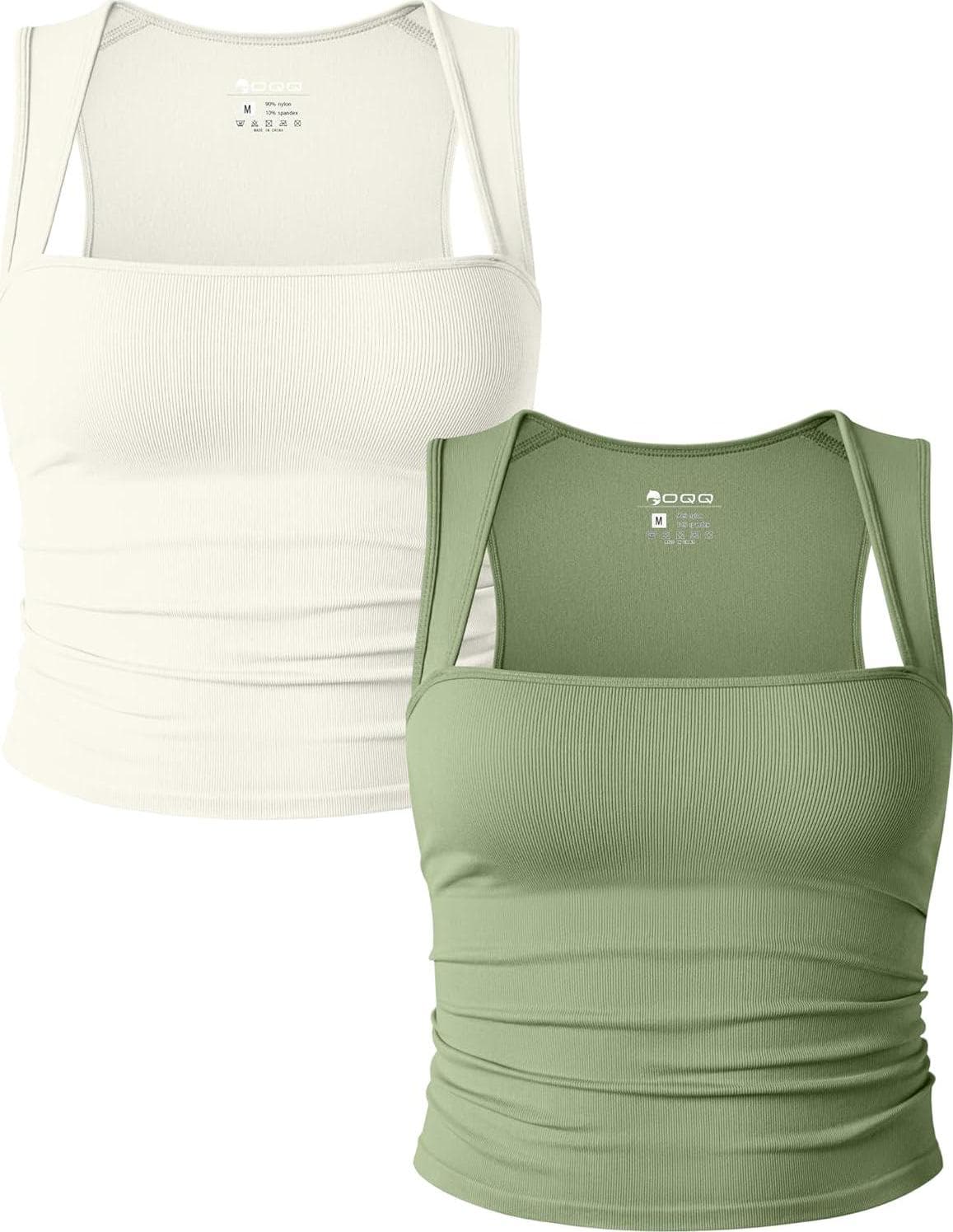 OQQ Womens 2 Piece Tank Tops Rueched Sleeveless Square Neck Ribbed Stretch Basic Shirts
