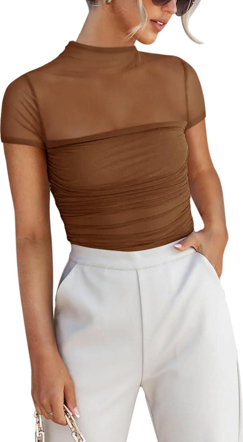 REORIA Women’s Sexy Mock Turtle Neck Short Sleeve Shirts Sheer Mesh Ruched Trendy Going Out Bodysuits Tops