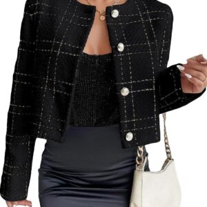 2024 Summer Womens Cropped Blazer Jacket Open Front Collarless Casual Business Work Office Tweed Plaid Suit