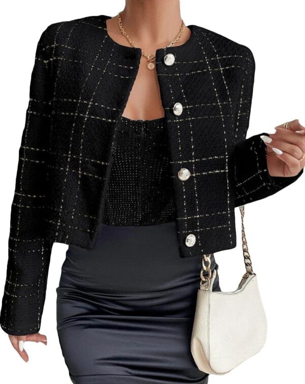 2024 Summer Womens Cropped Blazer Jacket Open Front Collarless Casual Business Work Office Tweed Plaid Suit
