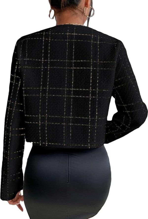 2024 Summer Womens Cropped Blazer Jacket Open Front Collarless Casual Business Work Office Tweed Plaid Suit - Image 4