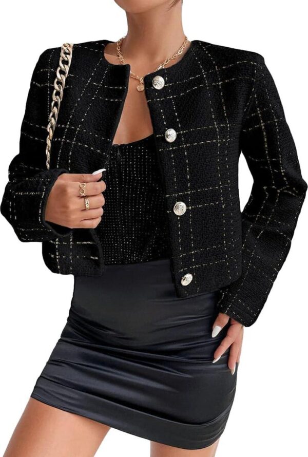 2024 Summer Womens Cropped Blazer Jacket Open Front Collarless Casual Business Work Office Tweed Plaid Suit - Image 2