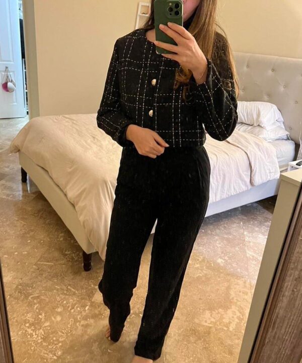 2024 Summer Womens Cropped Blazer Jacket Open Front Collarless Casual Business Work Office Tweed Plaid Suit - Image 6