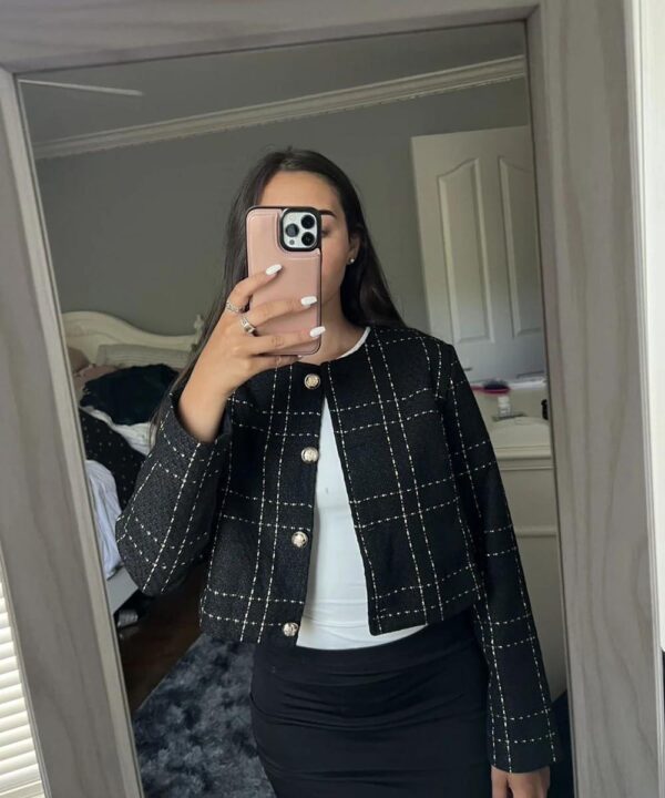 2024 Summer Womens Cropped Blazer Jacket Open Front Collarless Casual Business Work Office Tweed Plaid Suit - Image 5