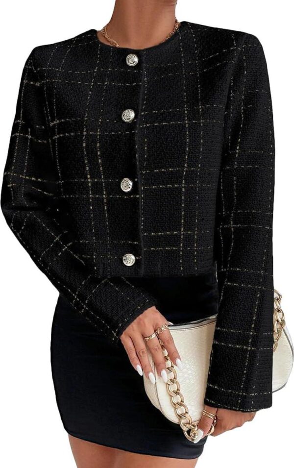 2024 Summer Womens Cropped Blazer Jacket Open Front Collarless Casual Business Work Office Tweed Plaid Suit - Image 3