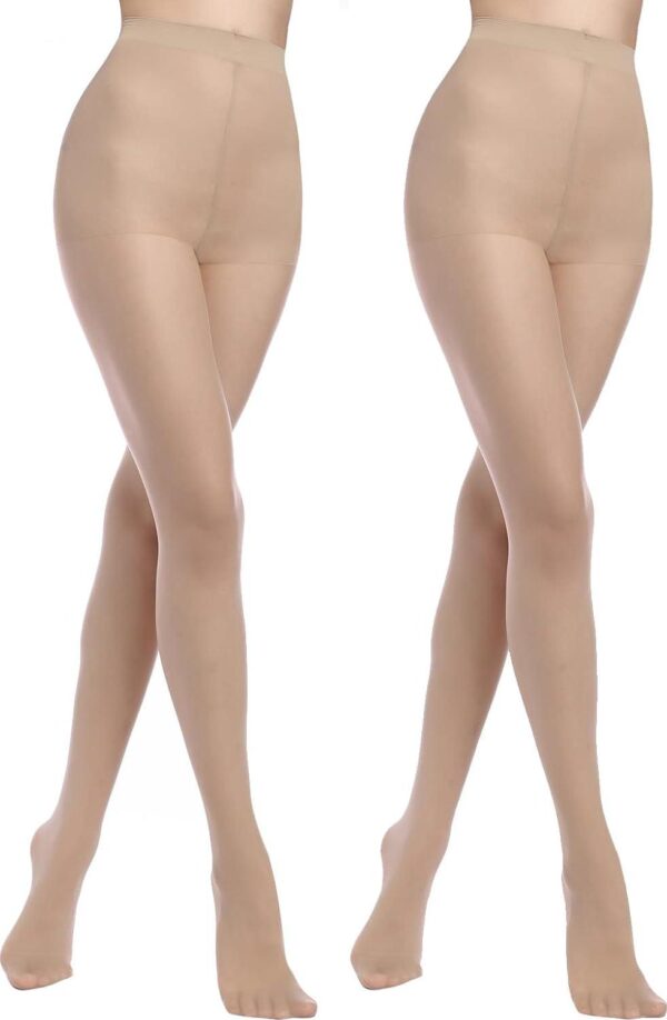 2 Pack Sheer Tights for Women, Control Top Pantyhose, 15 Denier, run resistant black sheer tights reinforced toe