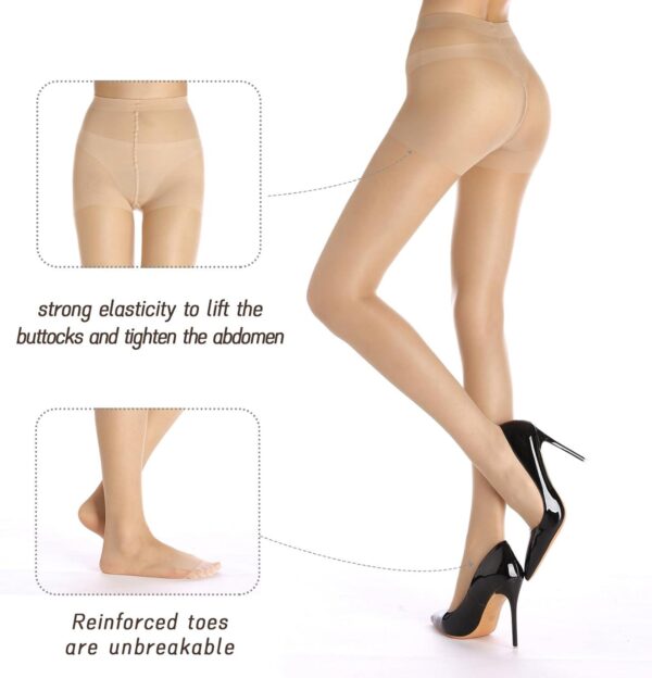 2 Pack Sheer Tights for Women, Control Top Pantyhose, 15 Denier, run resistant black sheer tights reinforced toe - Image 2