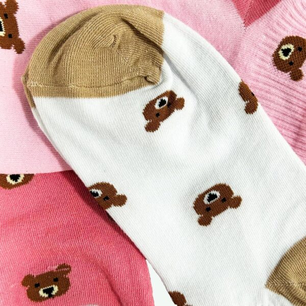 3 Pairs Women's Cozy Ankle Socks with Bear Design - Duo Color 100% Cotton Soft Comfort - Image 2