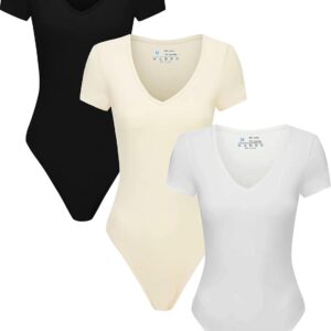 3 Piece Short Sleeve Bodysuit for Women V Neck Stretchy Basic Body Suit Tops