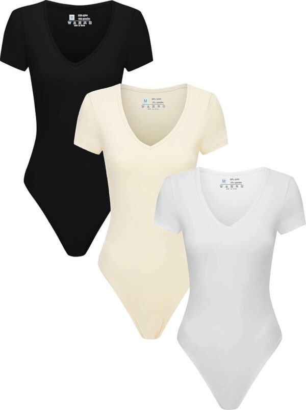 3 Piece Short Sleeve Bodysuit for Women V Neck Stretchy Basic Body Suit Tops