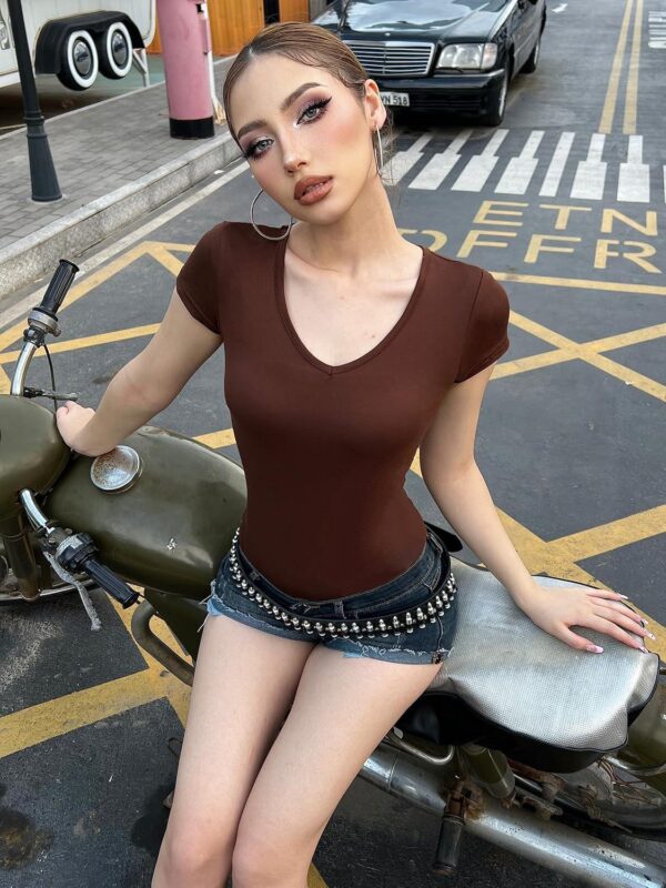 3 Piece Short Sleeve Bodysuit for Women V Neck Stretchy Basic Body Suit Tops - Image 9