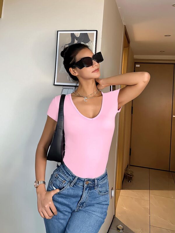 3 Piece Short Sleeve Bodysuit for Women V Neck Stretchy Basic Body Suit Tops - Image 4