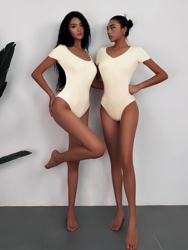 3 Piece Short Sleeve Bodysuit for Women V Neck Stretchy Basic Body Suit Tops - Image 4