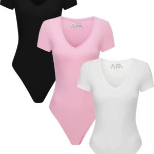3 Piece Short Sleeve Bodysuit for Women V Neck Stretchy Basic Body Suit Tops