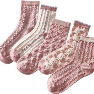 5 Pack Cute Womens Floral Socks, Vintage Embroidered Frilly Floral Socks, Kawaii Girly Ankle Cotton Cottagecore Socks