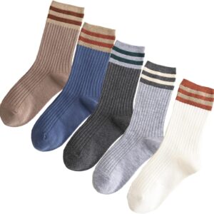 5 Pairs Fashion Striped Athletic Socks,Casual Cute Vintage Crew Socks,All Season Socks for Women Girls