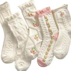 5 Pairs White Cute Socks, Women's Lace Ruffles Ankle Casual Sock, Cottagecore Breathable Mid Tube Socks, Floral Crew Socks