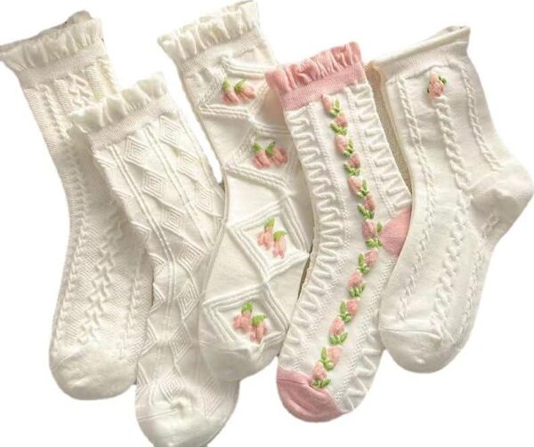 5 Pairs White Cute Socks, Women's Lace Ruffles Ankle Casual Sock, Cottagecore Breathable Mid Tube Socks, Floral Crew Socks