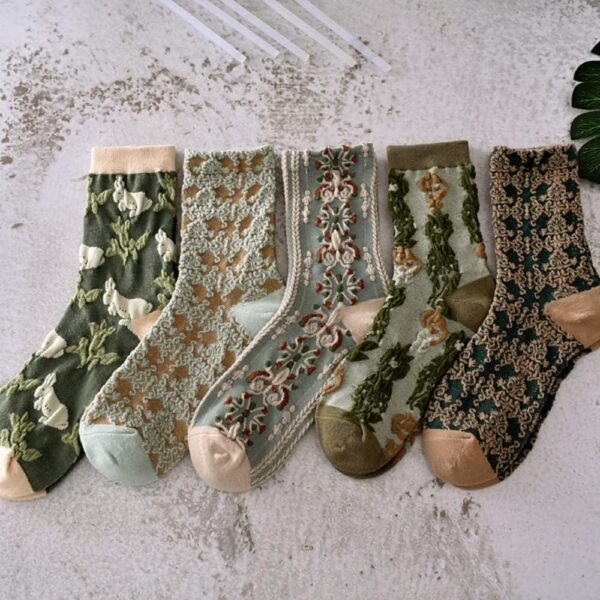5 Pairs Womens Floral Cute Socks Vintage Embroidered Plant Socks for Women Teens Cotton Cozy Ankle Sock - Image 2