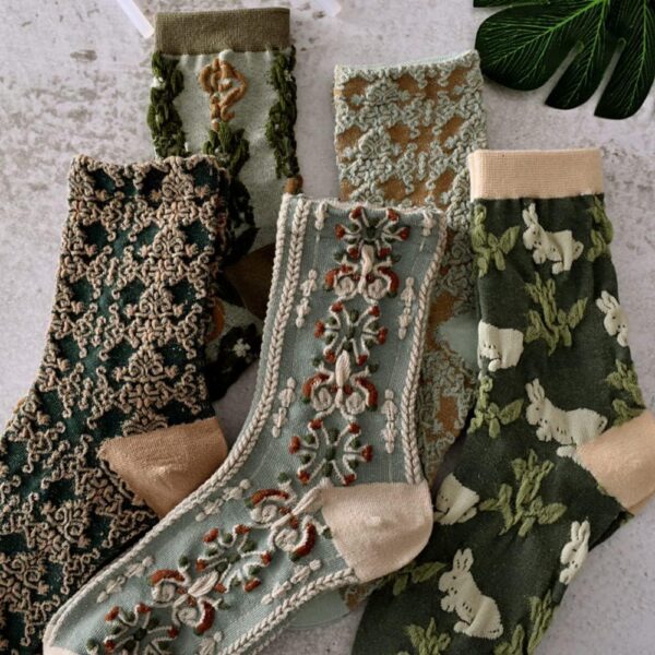 5 Pairs Womens Floral Cute Socks Vintage Embroidered Plant Socks for Women Teens Cotton Cozy Ankle Sock - Image 3