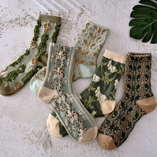 5 Pairs Womens Floral Cute Socks Vintage Embroidered Plant Socks for Women Teens Cotton Cozy Ankle Sock - Image 4