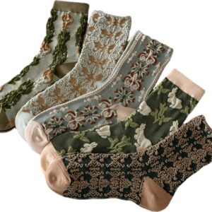 5 Pairs Womens Floral Cute Socks Vintage Embroidered Plant Socks for Women Teens Cotton Cozy Ankle Sock