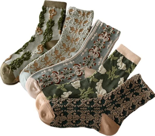 5 Pairs Womens Floral Cute Socks Vintage Embroidered Plant Socks for Women Teens Cotton Cozy Ankle Sock
