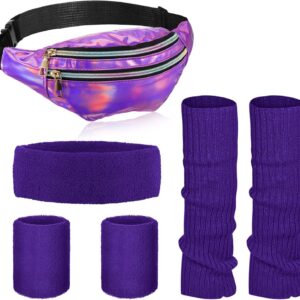 80s Women Neon Leg Warmers Set Holographic Fanny Pack Knit Leg Warmers Headband Wristbands for Yoga Running Hiking