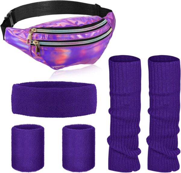 80s Women Neon Leg Warmers Set Holographic Fanny Pack Knit Leg Warmers Headband Wristbands for Yoga Running Hiking