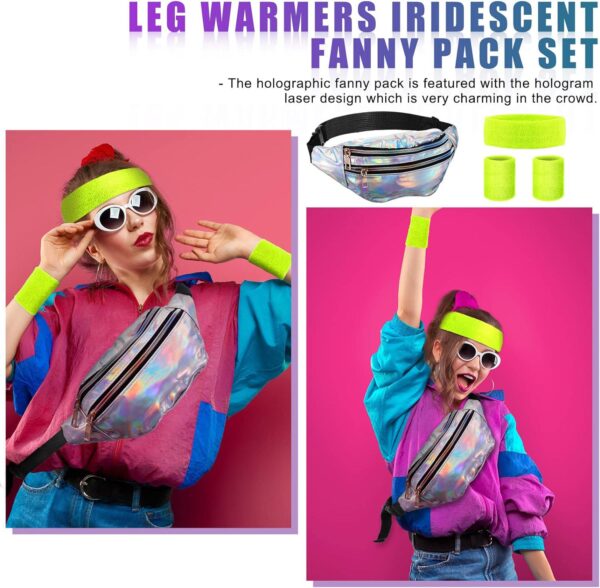 80s Women Neon Leg Warmers Set Holographic Fanny Pack Knit Leg Warmers Headband Wristbands for Yoga Running Hiking - Image 2