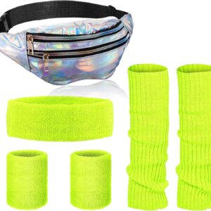 80s Women Neon Leg Warmers Set Holographic Fanny Pack Knit Leg Warmers Headband Wristbands for Yoga Running Hiking