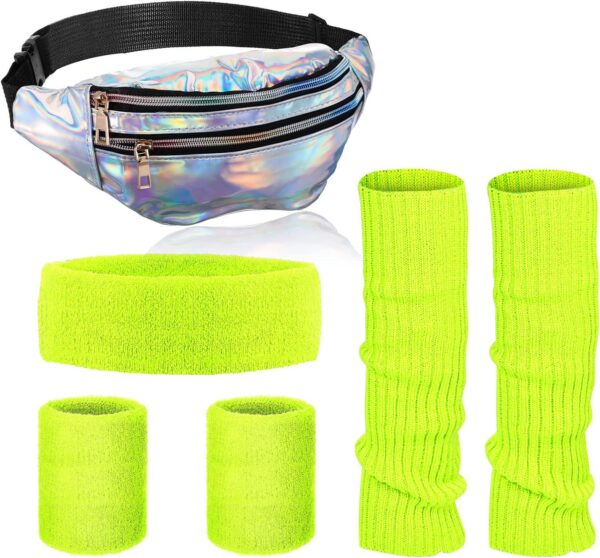 80s Women Neon Leg Warmers Set Holographic Fanny Pack Knit Leg Warmers Headband Wristbands for Yoga Running Hiking
