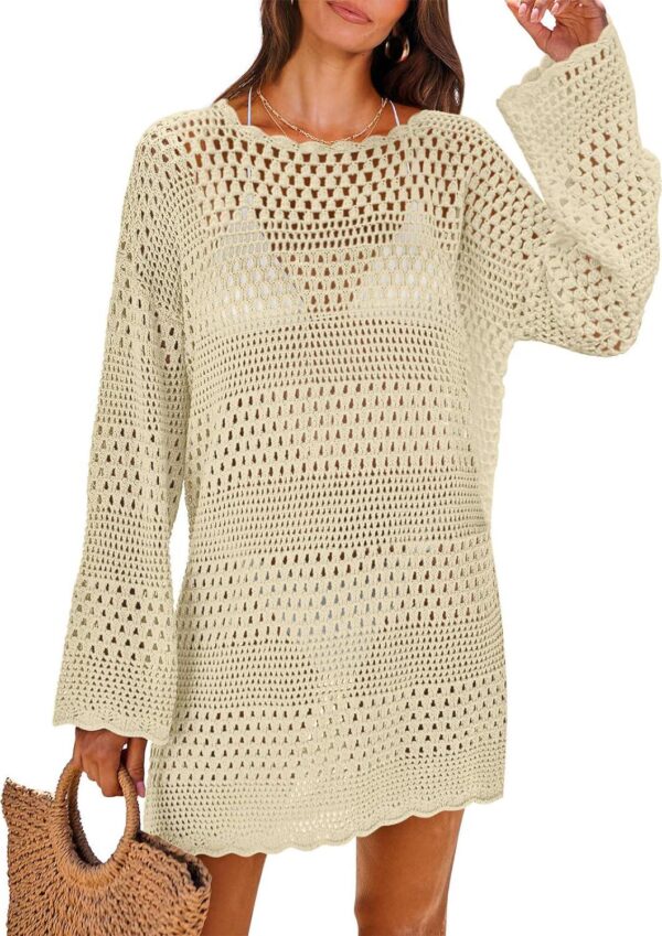 ANRABESS Women Swimsuit Crochet Swim Cover Up 2024 Summer Bathing Suit Swimwear Mesh Knit Beach Dress Vacation Outfits