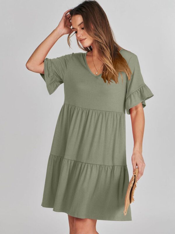 ANRABESS Women's 2024 Summer Trendy V Neck Ruffle Short Sleeve A Line Tiered Flowy Casual Mini Beach Dress with Pockets - Image 7