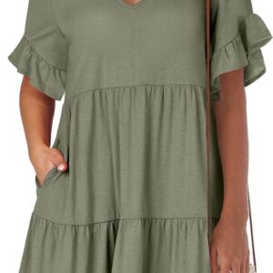 ANRABESS Women's 2024 Summer Trendy V Neck Ruffle Short Sleeve A Line Tiered Flowy Casual Mini Beach Dress with Pockets
