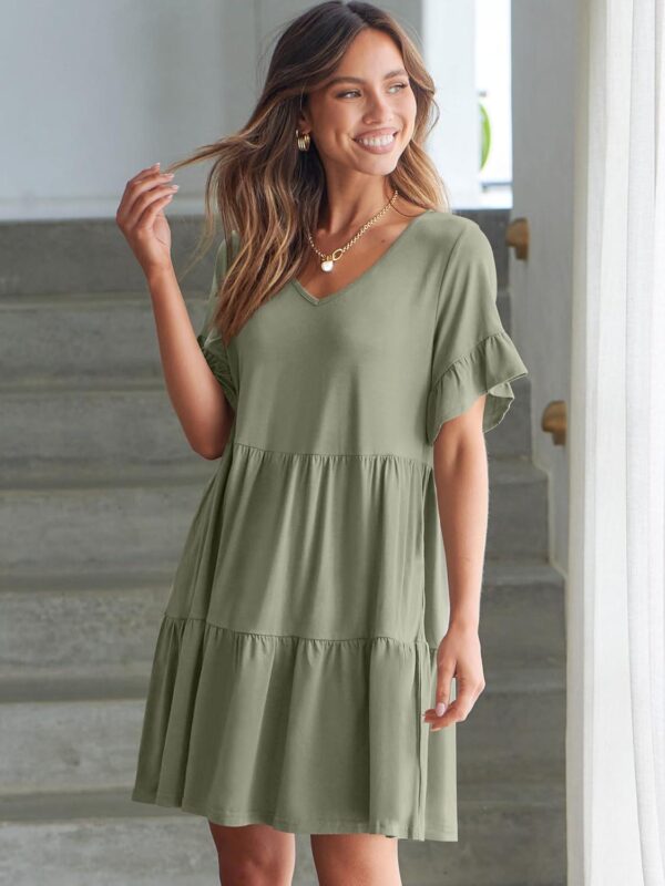ANRABESS Women's 2024 Summer Trendy V Neck Ruffle Short Sleeve A Line Tiered Flowy Casual Mini Beach Dress with Pockets - Image 8