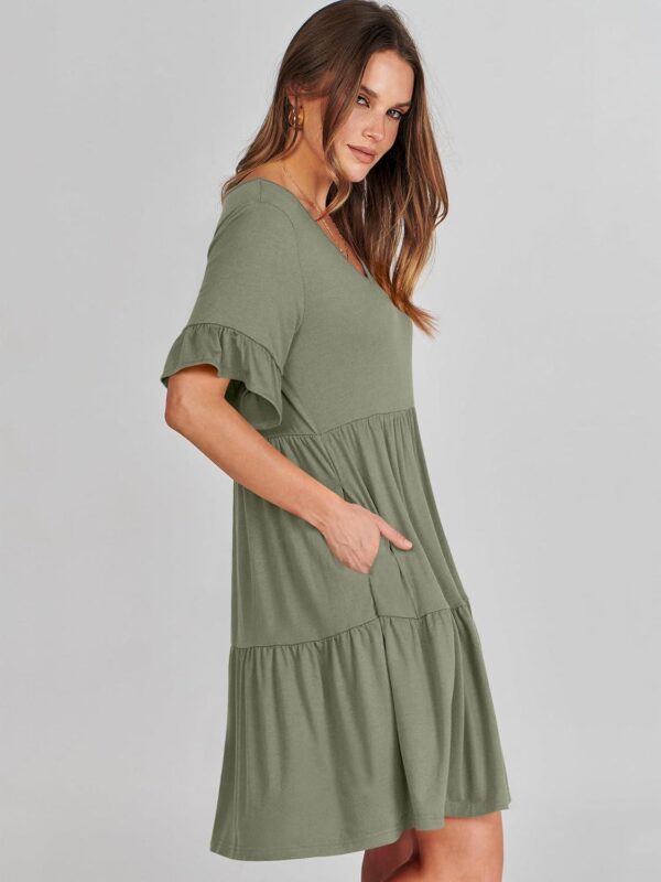 ANRABESS Women's 2024 Summer Trendy V Neck Ruffle Short Sleeve A Line Tiered Flowy Casual Mini Beach Dress with Pockets - Image 3