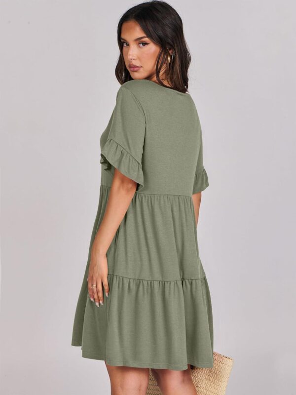 ANRABESS Women's 2024 Summer Trendy V Neck Ruffle Short Sleeve A Line Tiered Flowy Casual Mini Beach Dress with Pockets - Image 5