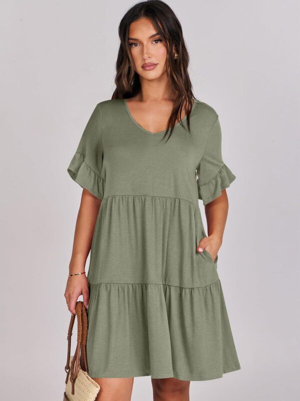 ANRABESS Women's 2024 Summer Trendy V Neck Ruffle Short Sleeve A Line Tiered Flowy Casual Mini Beach Dress with Pockets - Image 4