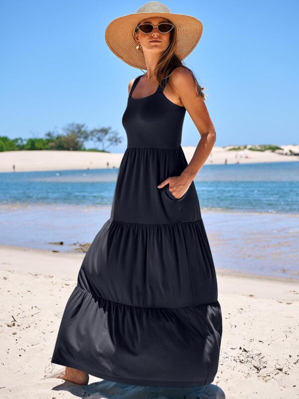 ANRABESS Women's Summer Casual Long Maxi Beach Vacation Dresses Sleeveless Square Neck Flowy Tiered Sun Dress with Pockets - Image 3