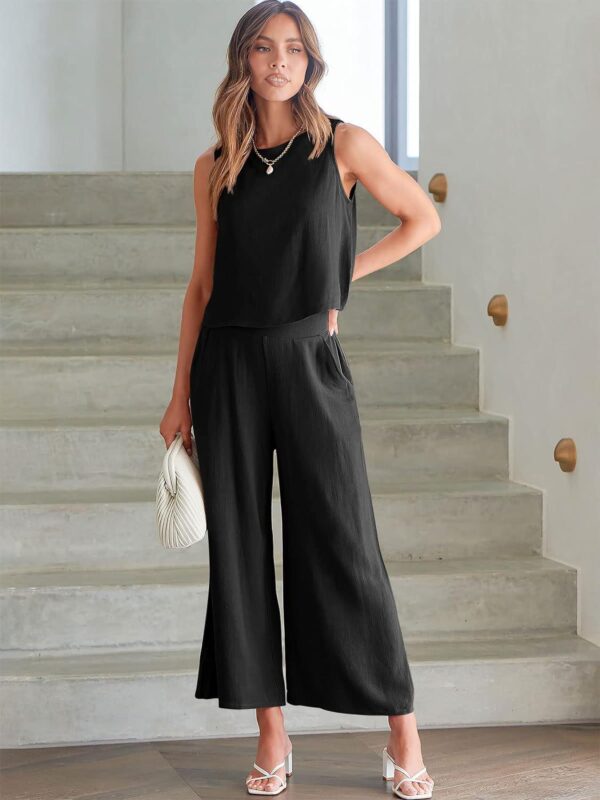 ANRABESS Women's Summer 2 Piece Outfits Sleeveless Crop Top Capri Wide Leg Pants Jumpsuit Linen Lounge Beach Travel Sets - Image 5