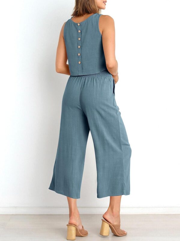 ANRABESS Women's Summer 2 Piece Outfits Sleeveless Crop Top Capri Wide Leg Pants Jumpsuit Linen Lounge Beach Travel Sets - Image 2