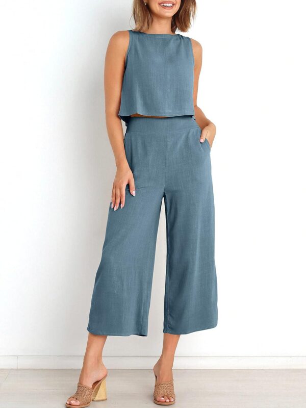 ANRABESS Women's Summer 2 Piece Outfits Sleeveless Crop Top Capri Wide Leg Pants Jumpsuit Linen Lounge Beach Travel Sets - Image 3