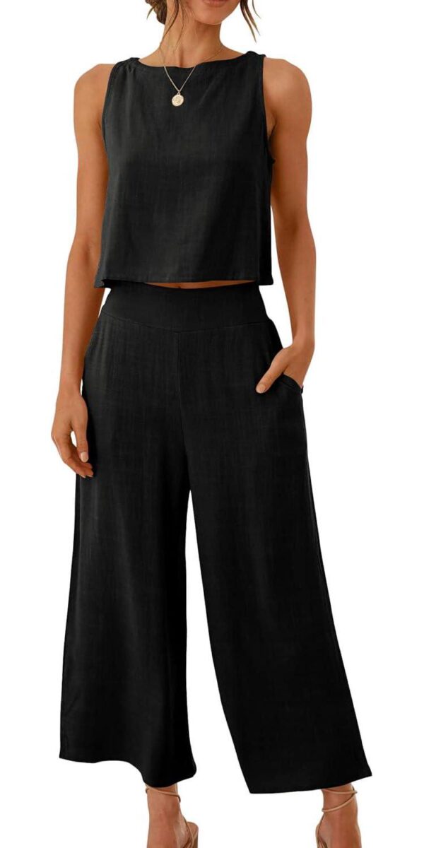 ANRABESS Women's Summer 2 Piece Outfits Sleeveless Crop Top Capri Wide Leg Pants Jumpsuit Linen Lounge Beach Travel Sets