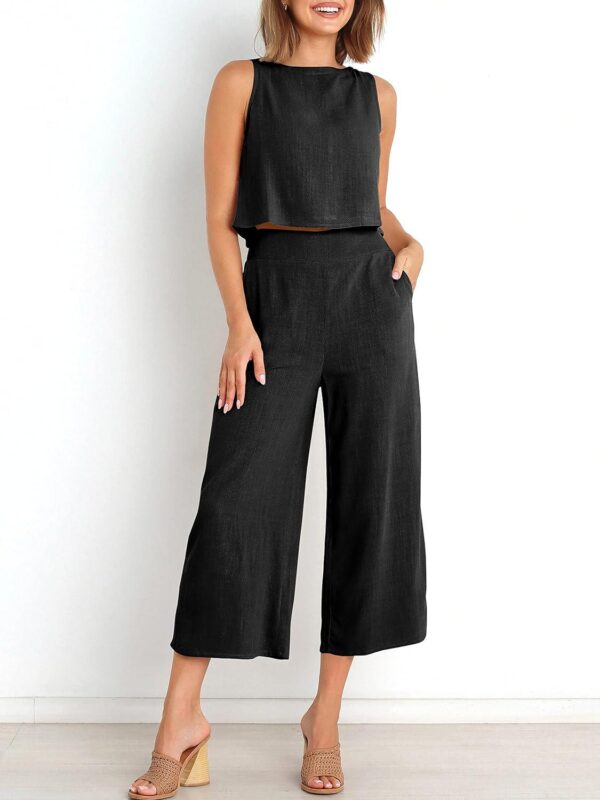 ANRABESS Women's Summer 2 Piece Outfits Sleeveless Crop Top Capri Wide Leg Pants Jumpsuit Linen Lounge Beach Travel Sets - Image 3