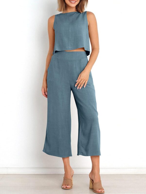 ANRABESS Women's Summer 2 Piece Outfits Sleeveless Crop Top Capri Wide Leg Pants Jumpsuit Linen Lounge Beach Travel Sets - Image 4