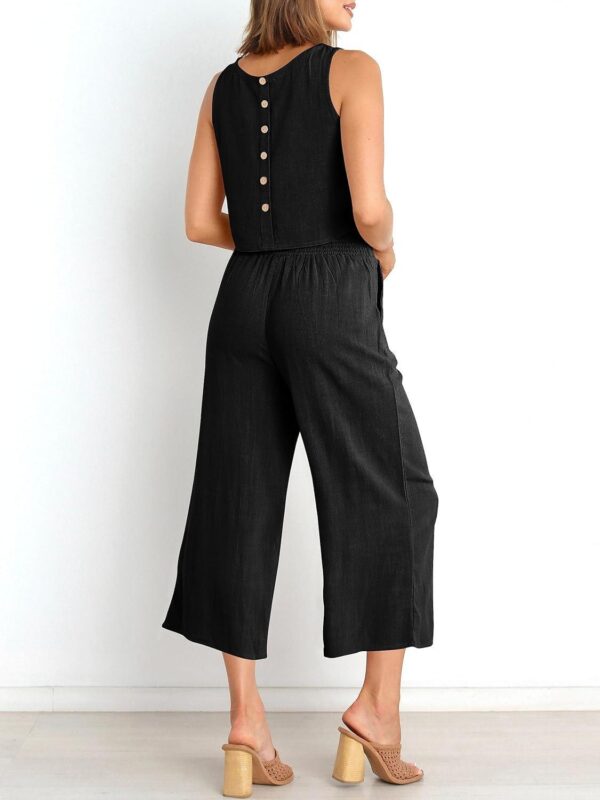 ANRABESS Women's Summer 2 Piece Outfits Sleeveless Crop Top Capri Wide Leg Pants Jumpsuit Linen Lounge Beach Travel Sets - Image 2